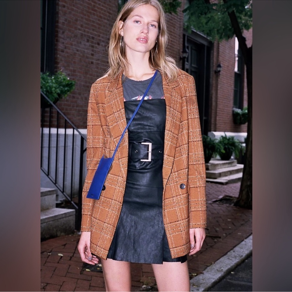 Free people plaid‎ linen Up Town Girl rust Brown Plaid Jacket blazer size large - Picture 5 of 11